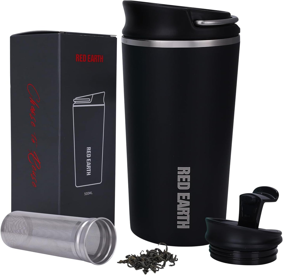 GiNT Taza de viaje de 17 onzas con infusor y dos tapas. Taza de café de acero inoxidable 316 aislada al vacío. Taza apta para lavavajillas con colador de té para café o té caliente y frío (negro)