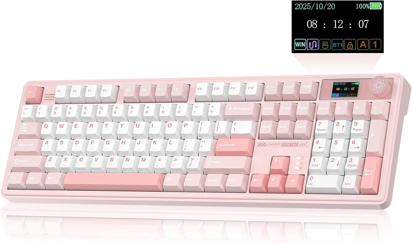 LINGBAO K108 Pro Teclado mecánico inalámbrico cremoso rosa con tecl...