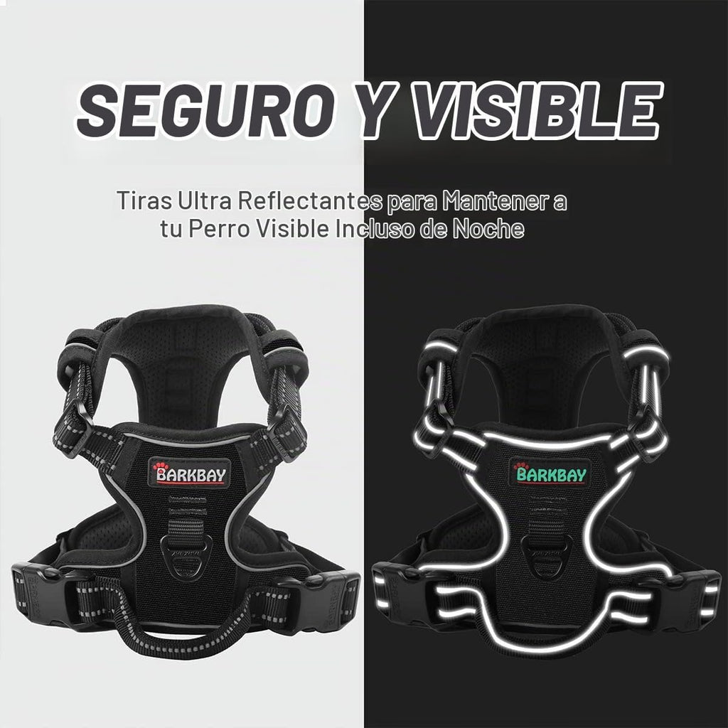 Barkbay Arnés antitirones con clip frontal para perros, material resistente y reflectante, mango de fácil control para pasear perros grandes (color negro, tamaño M)