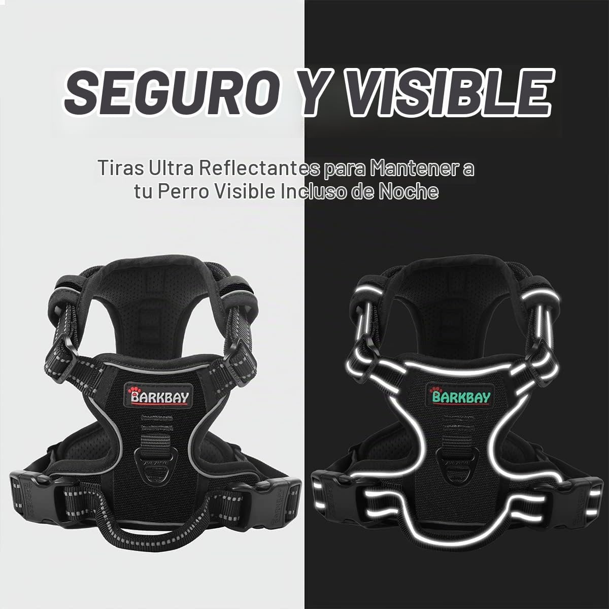 Barkbay Arnés antitirones con clip frontal para perros, material resistente y reflectante, mango de fácil control para pasear perros grandes (color negro, tamaño M)