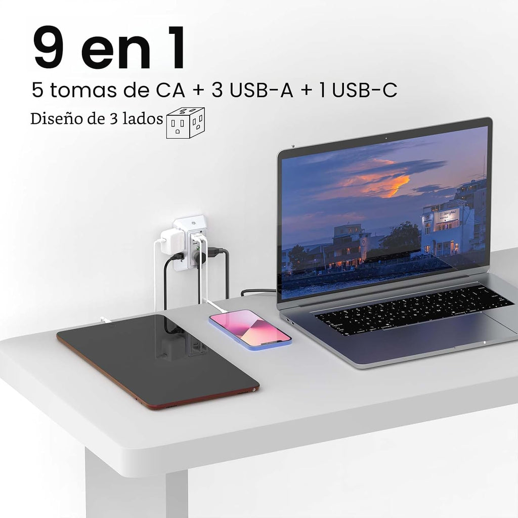 Extensor de Enchufe de 3 Lados con Luz Nocturna - QINLIANF Enchufe Múltiple con 5 Tomas y 4 Puertos USB (1 USB-C), Cargador de Pared USB para Hogar, Oficina, Viajes, Certificado ETL, Blanco