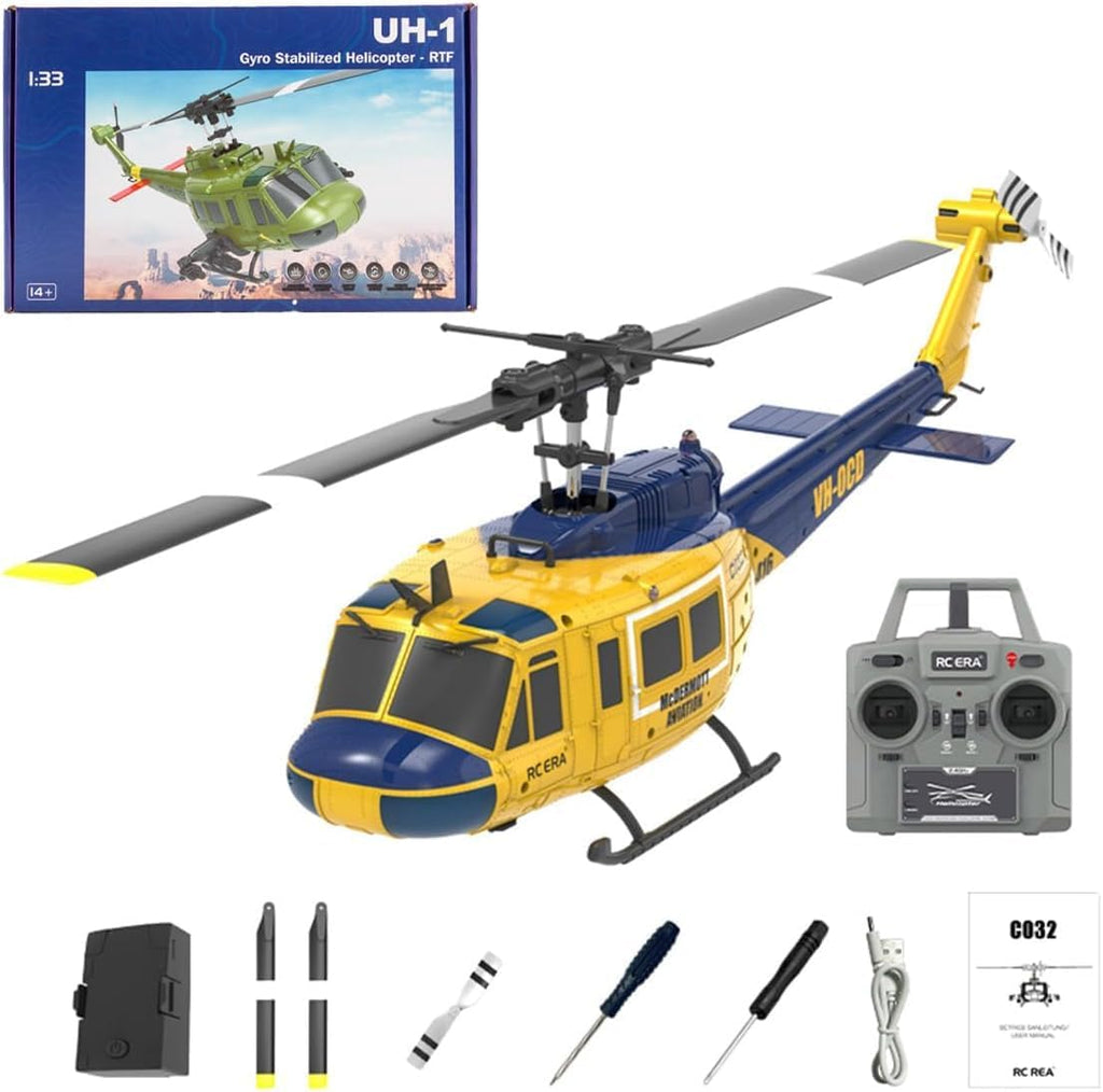 RC ERA C032 UH-1 Huey Helicóptero - Helicópteros a Control Remoto para Adultos, Escala 1/48 2.4G 6CH Avión Estabilizado con Giroscopio con Mantenimiento de Altitud y Flujo Óptico, Dron de