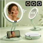 Espejo de maquillaje de viaje con luces, espejo de aumento de doble cara 1X
