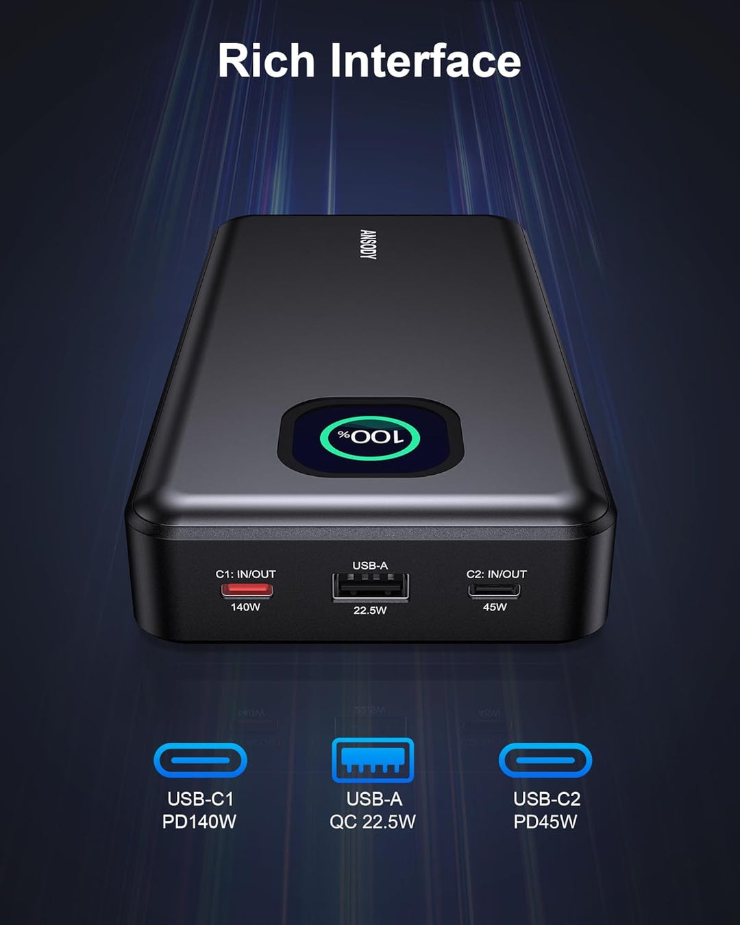 140W Power Bank, Cargador Portátil para Laptop de 25000mAh con Pant...