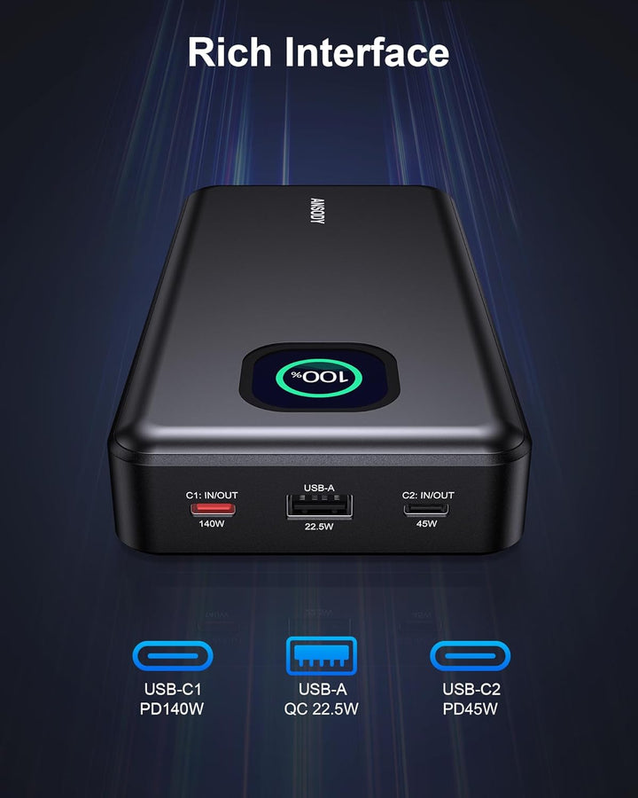 140W Power Bank, Cargador Portátil para Laptop de 25000mAh con Pant...