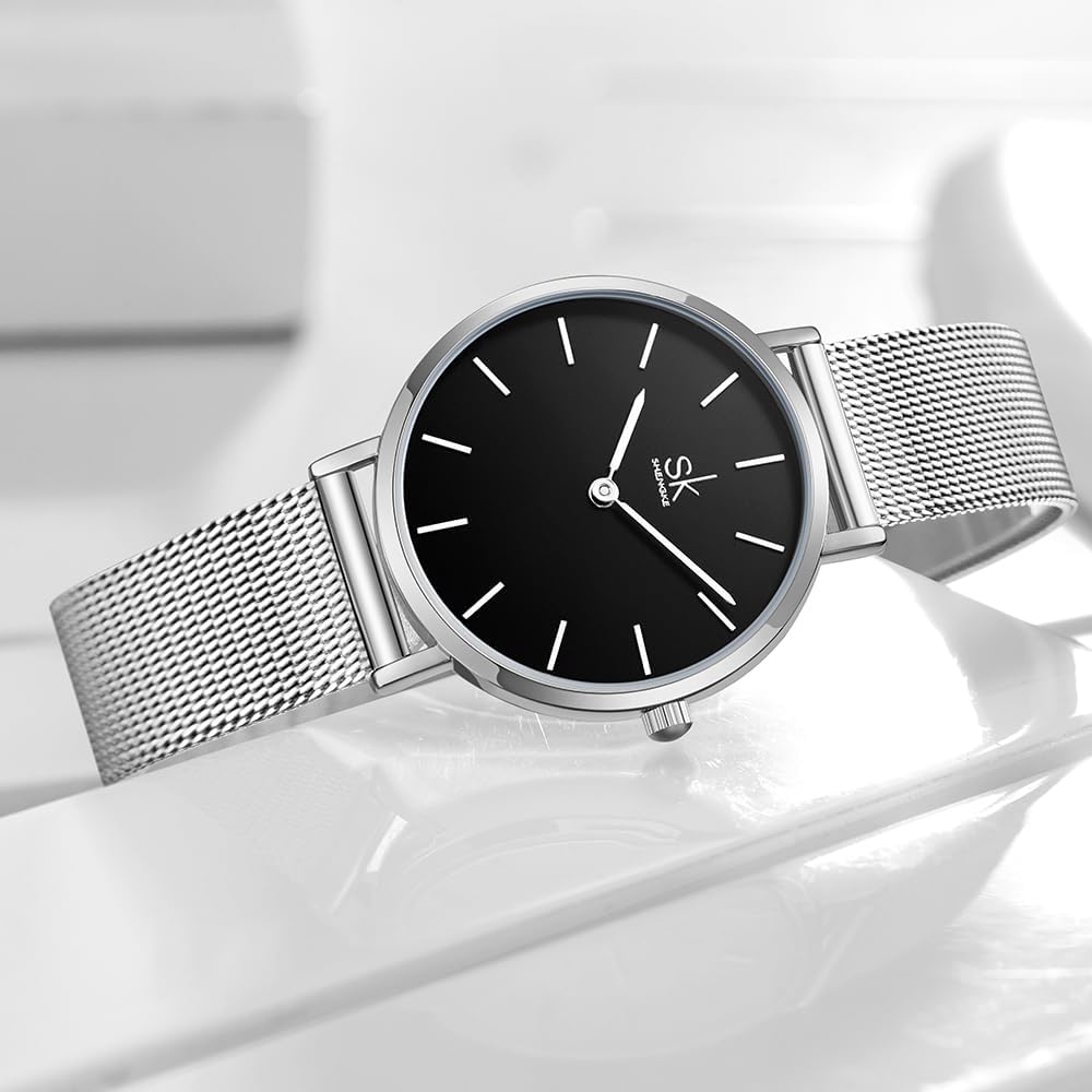 Shengke SK Ultra delgado minimalista Relojes para mujer de dos agujas Reloj de vestir de cuero para damas