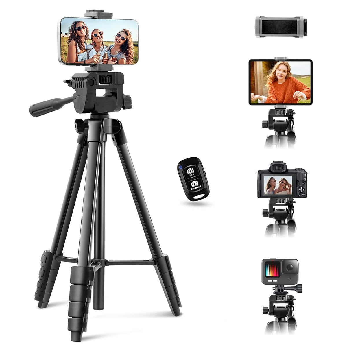 Aureday - Trípode para teléfono y tableta de 65 pulgadas, trípode para teléfono celular para iPhone con control remoto inalámbrico y soporte para teléfono, soporte extensible para iPad, apto para grabación de video, maquillaje, transmisión en vivo