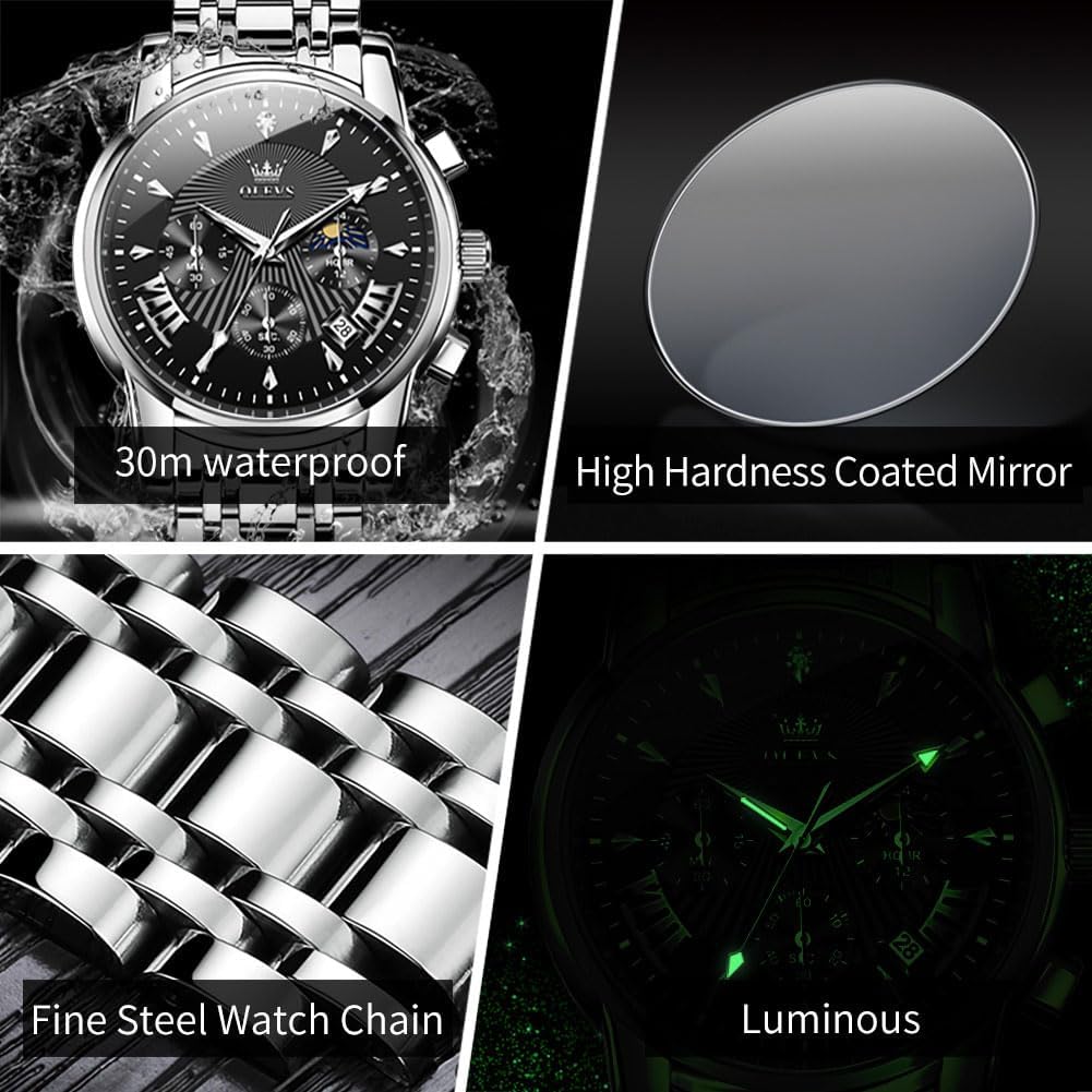 OLEVS Relojes para Hombre de Lujo a prueba de agua Lúminosos de lectura fácil Cronógrafo Con Esmalte Dorado Completo / Blanco Dial / Cara Negra Calendario Pulsera Relojes