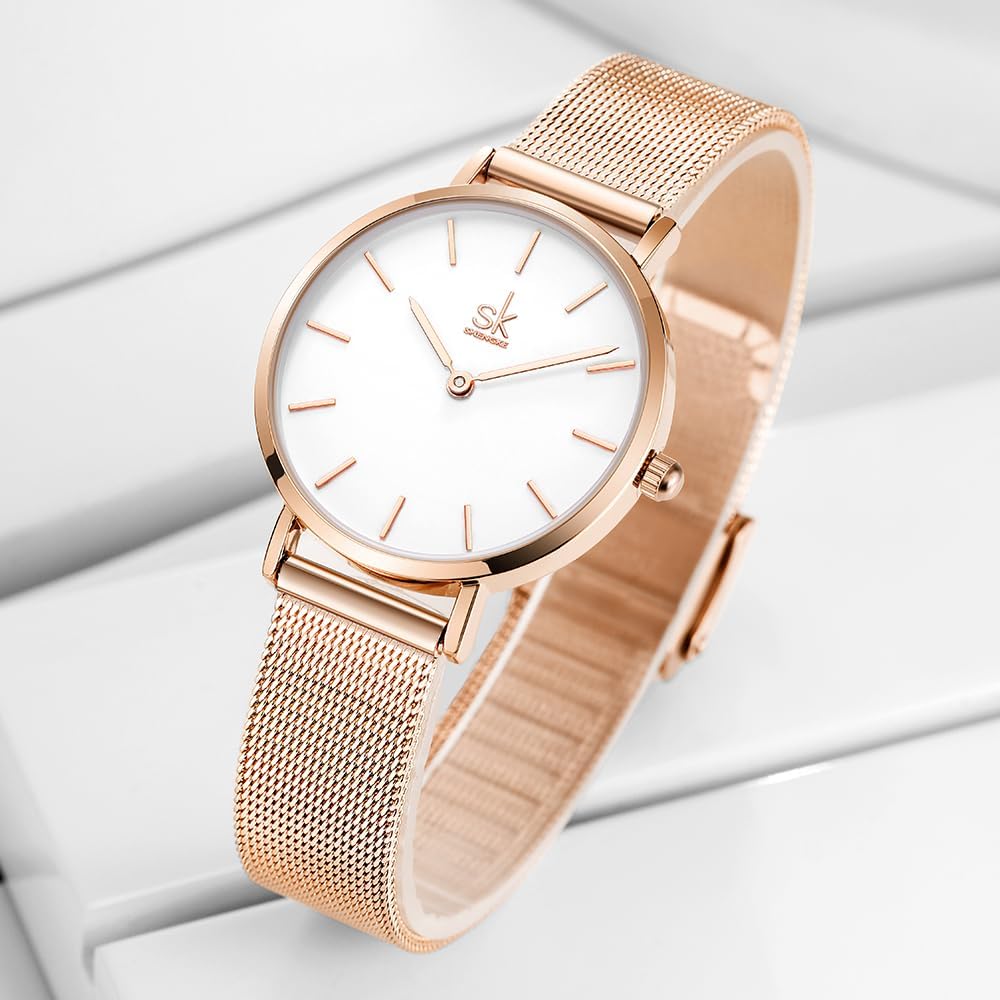 Shengke SK Ultra delgado minimalista Relojes para mujer de dos agujas Reloj de vestir de cuero para damas