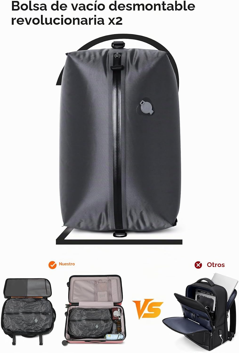 Mochila de viaje al vacío, mochila expandible de 70 litros con sistema de compresión, 2 bolsas de vacío de TPU desmontables, bloqueo TSA, resistente al agua, se adapta a portátiles de 16