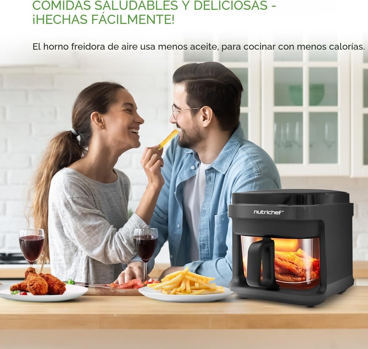 Nutrichef Freidora de aire de 5.8 cuartos | 8 en 1 modos de cocción preestablecidos | Cesta transparente para obtener los mejores resultados de cocción | Cocina camarones, bistec, papas fritas, alas