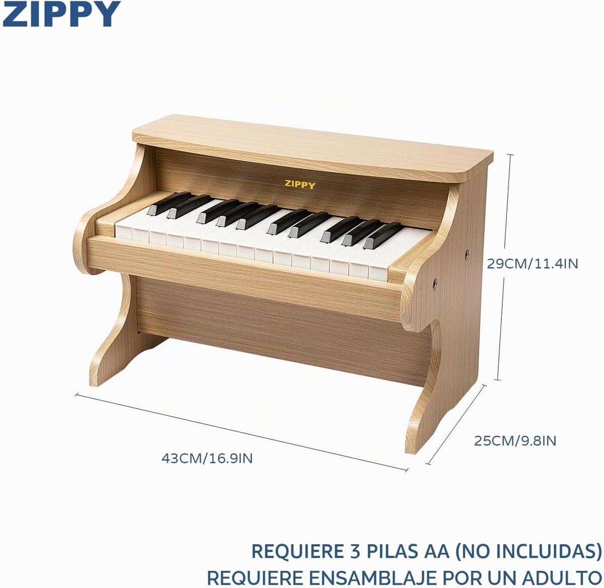 ZIPPY Teclado de piano para niños, piano digital de 25 teclas para niños, mini instrumento educativo musical, juguete de madera para niños y niñas (roble)