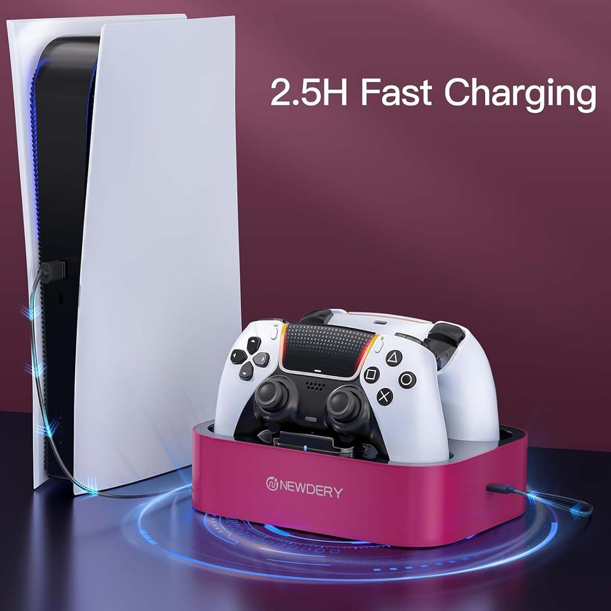NEWDERY Estación de carga para controlador PS5, base de carga dual para PlayStation 5 DualSense/Edge Controller, soporte de carga rápida con cable tipo C, regalo para mujeres y niñas, día de la madre