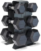 CAP Juego de mancuernas con estante, juego de pesas hexagonales con revestimiento de goma, opciones de 100 a 300 libras, almacenamiento vertical que ahorra espacio para entrenamiento de fuerza en el