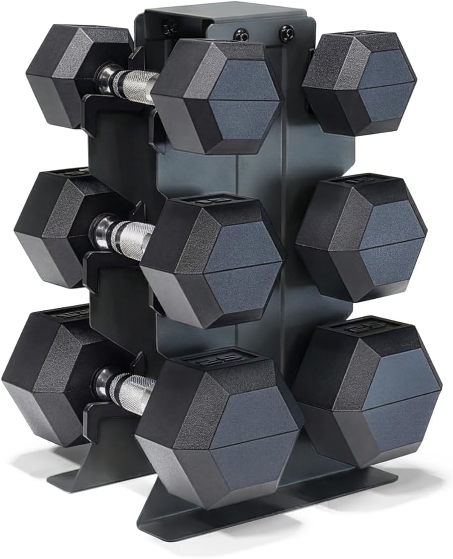 CAP Juego de mancuernas con estante, juego de pesas hexagonales con revestimiento de goma, opciones de 100 a 300 libras, almacenamiento vertical que ahorra espacio para entrenamiento de fuerza en el