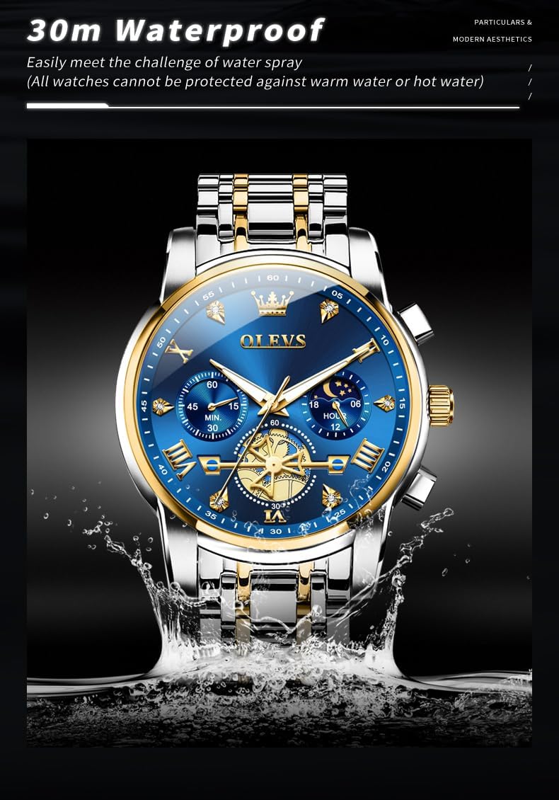 OLEVS Reloj azul para hombre con fase lunar, vestir analógico de acero inoxidable, impermeable, luminoso, fecha, dos tonos, lujo casual, pulsera
