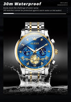 OLEVS Reloj azul para hombre con fase lunar, vestir analógico de acero inoxidable, impermeable, luminoso, fecha, dos tonos, lujo casual, pulsera