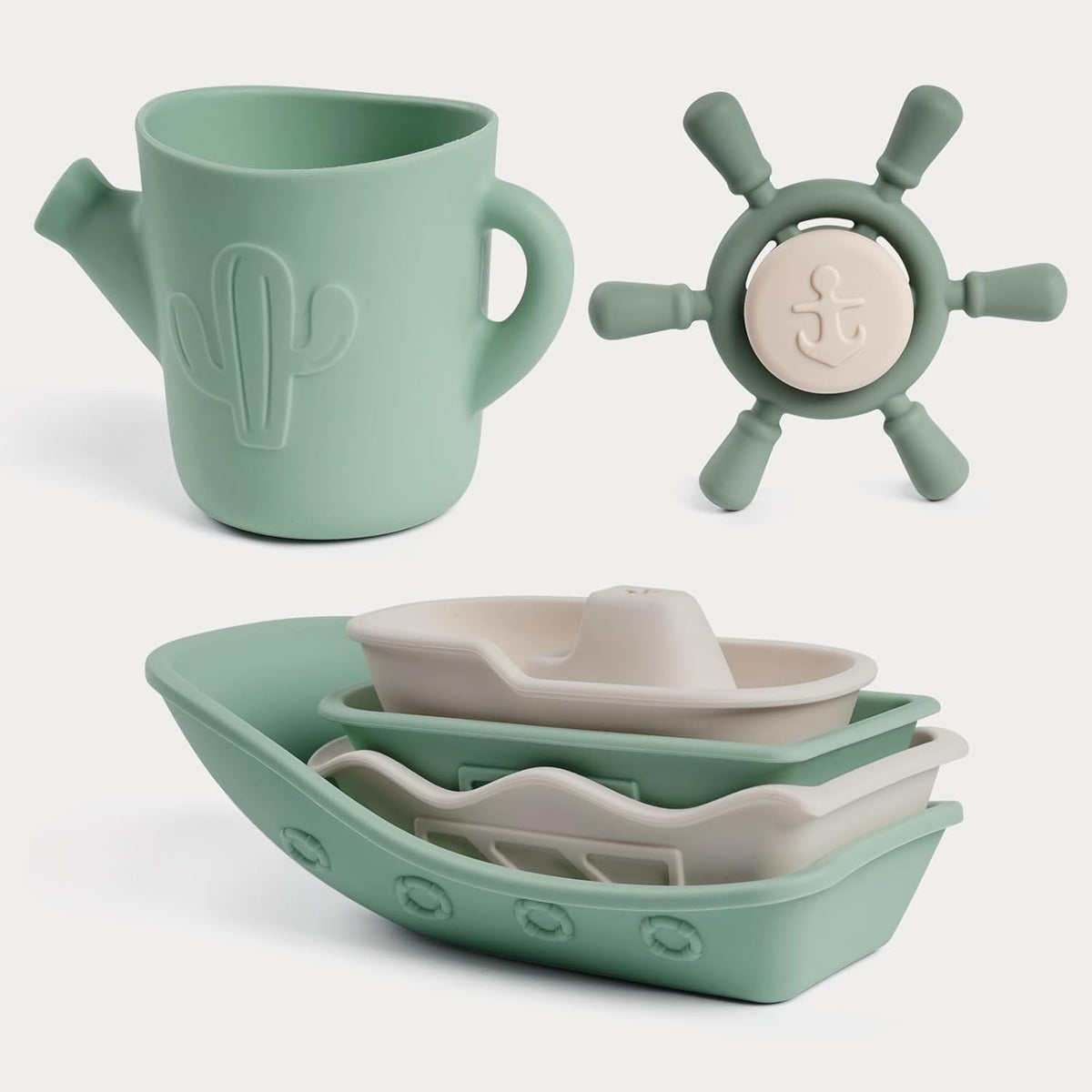 Haakaa Juego de juguetes náuticos de baño de silicona para bebés, juguetes de bañera de silicona de grado alimenticio para niños pequeños, botes apilables sin moho y juguete giratorio y taza para verter, juguetes flotantes sin BPA para bebés de 6 meses