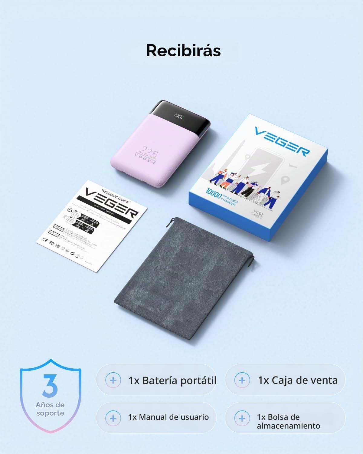VEGER Cargador portátil de carga rápida de 22.5 W, banco de energía...