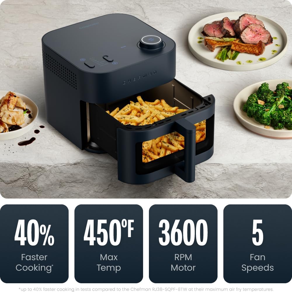 Chefman Freidora de aire Crispinator 7 en 1 con capacidad de 8 cuartos de galón, temperatura máxima de 450 °F y tecnología TurboFry Pro para resultados rápidos y uniformes, hornear, asar, deshidratar, ventana de visión, cesta antiadherente con revestimien