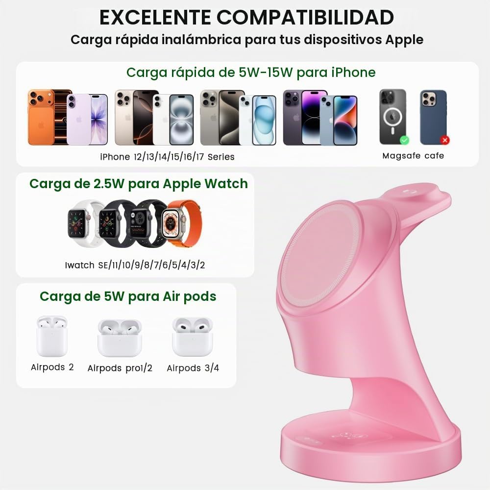 Estación de carga inalámbrica 3 en 1 para dispositivos Apple, color rosa