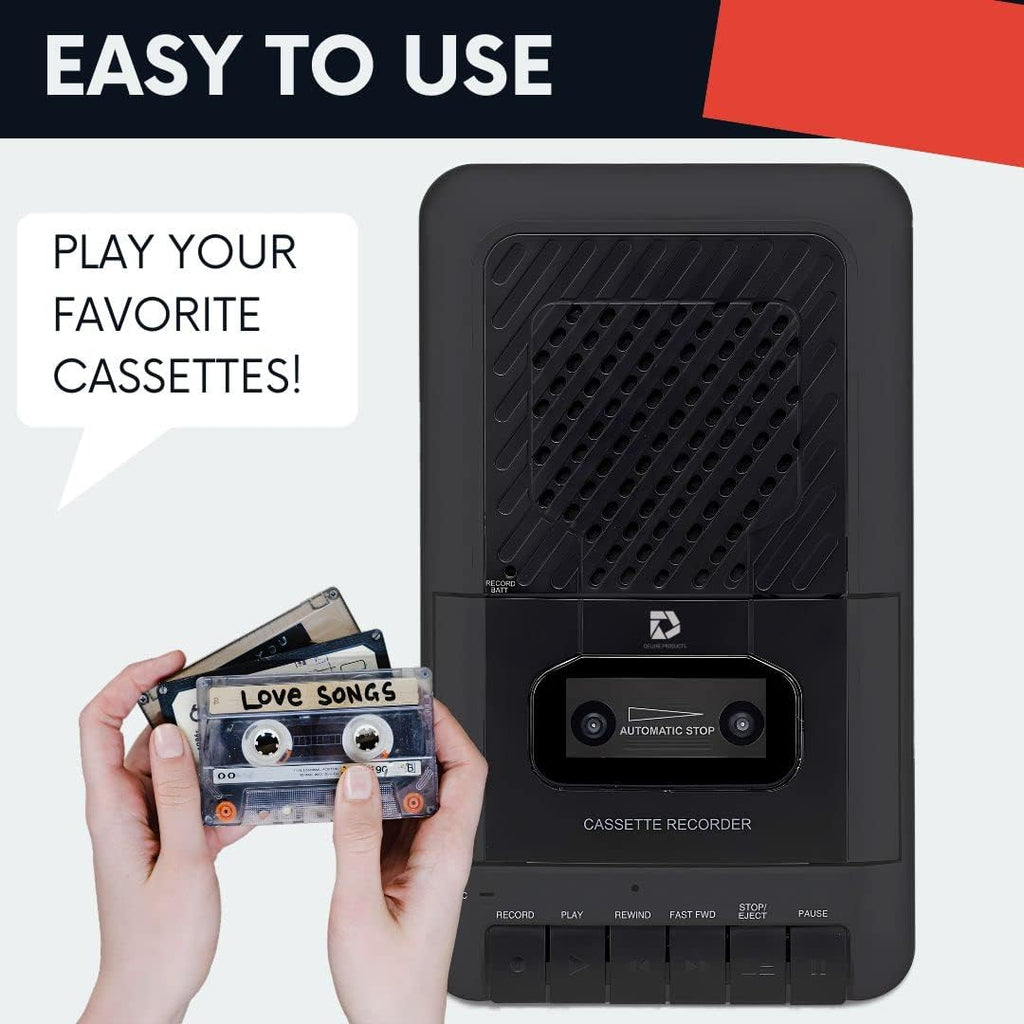 Deluxe Products Reproductor de Casetes Portátil Grabadora de Cinta. Graba en casetes a través de micrófono o entrada auxiliar. Altavoz integrado para escuchar casetes. Incluye micrófono externo, cable