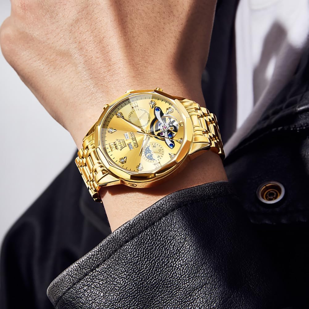 OLEVS Relojes de Hombre Esqueleto Automático Lujo de Negocios Diamante Autoentregado (Self Winding) Reloj de Pulsera de Acero Inoxidable con Calendario