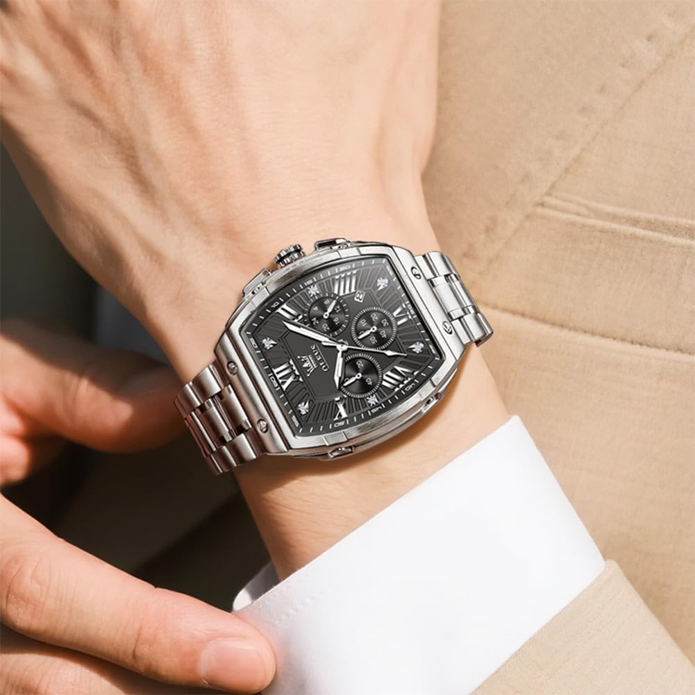 OLEVS Reloj para Hombres Analógico Cuarzo Lujo Diamante Resistente al Agua Cronógrafo Acero Inoxidable Carita Grande Cuadrado Fecha Fase Lunar Romano Relojes de Vestir para Hombres