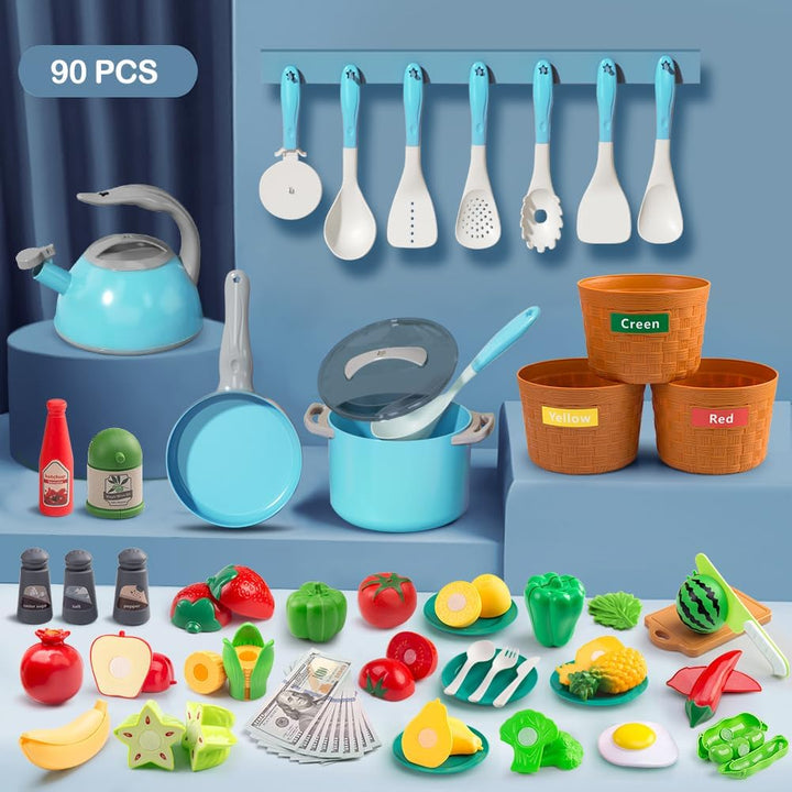 Juego de 90 accesorios de cocina, cocina de simulación con ollas, s...