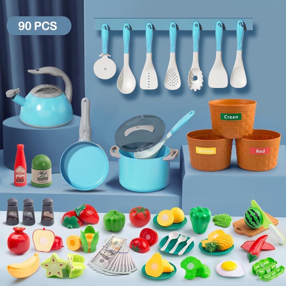 Juego de 90 accesorios de cocina, cocina de simulación con ollas, s...