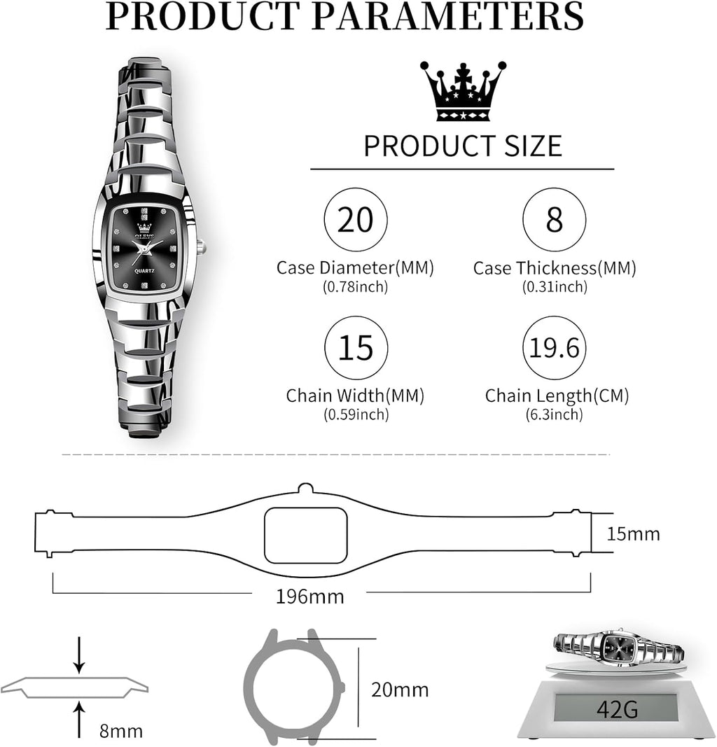 OLEVS Reloj para mujer Elegante de cara cuadrada pequeña con eslabones de acero tungsteno correa de pulsera, reloj de muñeca para damas, impermeable, luminoso, analógico de cuarzo de precisión, elegante reloj de vestir, joyería de lujo delicada
