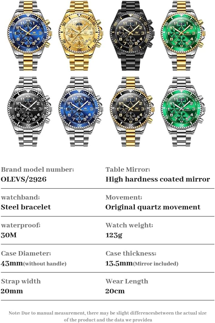 OLEVS Reloj de caballero Cronógrafo de lujo con fases de la luna, dos tonos, acero inoxidable, a prueba de agua, luminiscente, calendario empresarial, reloj de pulsera