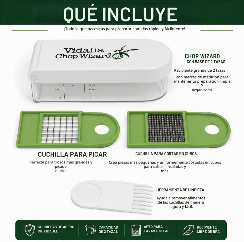 Vidalia Chop Wizard Picador de verduras – Original como se ve en la TV Cortador de alimentos con 2 cuchillas de acero inoxidable, recipiente grande de 2 tazas, herramienta de limpieza, cortador de cebolla, verduras y frutas apto para lavavajillas