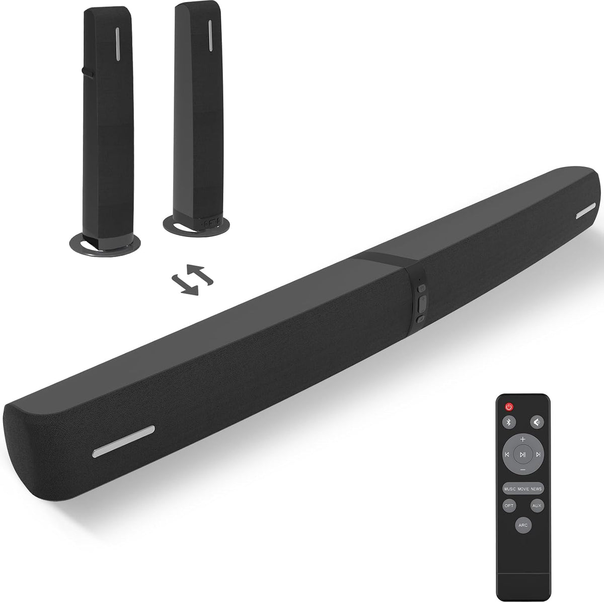 Barra de Sonido para Smart TV, Barra de Sonido de 90W con Conexión Bluetooth/ARC/Óptica/AUX, Aumento Automático de Volumen, 3 Modos de Ecualizador Personalizables, Barra de Sonido