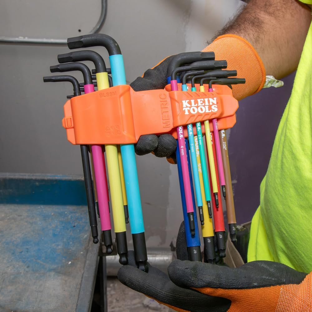 Klein Tools BLS18 Juego de llaves hexagonales, codificadas por color, SAE y métricas, tratadas térmicamente, estilo L, brazo largo y extremo de bola, de 1/16 de pulgada a 3/8 de pulgada y de 1.5 mm a