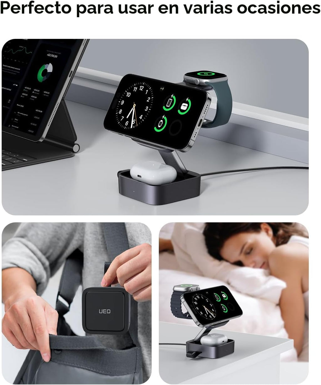 Estación de carga inalámbrica 3 en 1 para dispositivos Apple, compatible con soporte de cargador MagSafe, cargador inalámbrico magnético plegable de viaje rápido para iPhone 18 Pro Max 17 16 15