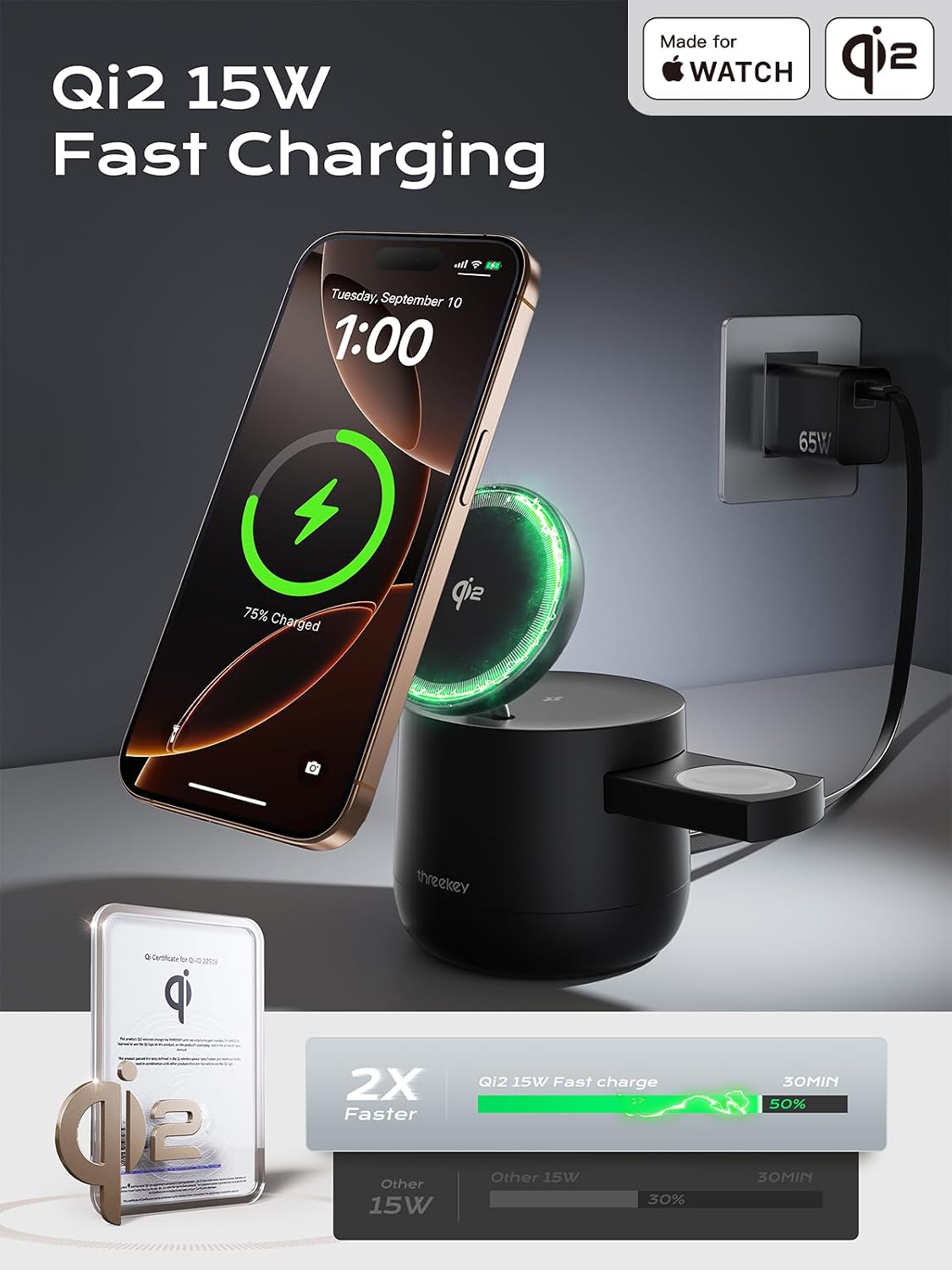 Estación de carga inalámbrica magnética Qi2 4 en 1, cargador rápido de 15 W con módulo de carga hecho para Apple Watch, para iPhone 18-12 Series y AirPods, adaptador de 65 W incluido