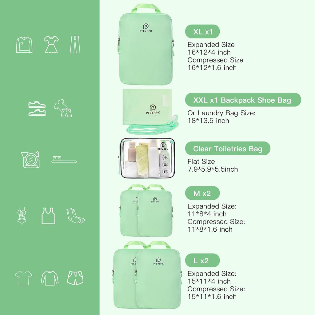 PFEYRPK Cubos de embalaje de compresión ligeros para maletas, organizador de embalaje de viaje expandible compresible con artículos de tocador transparentes y bolsa de mochila, artículos esenciales de