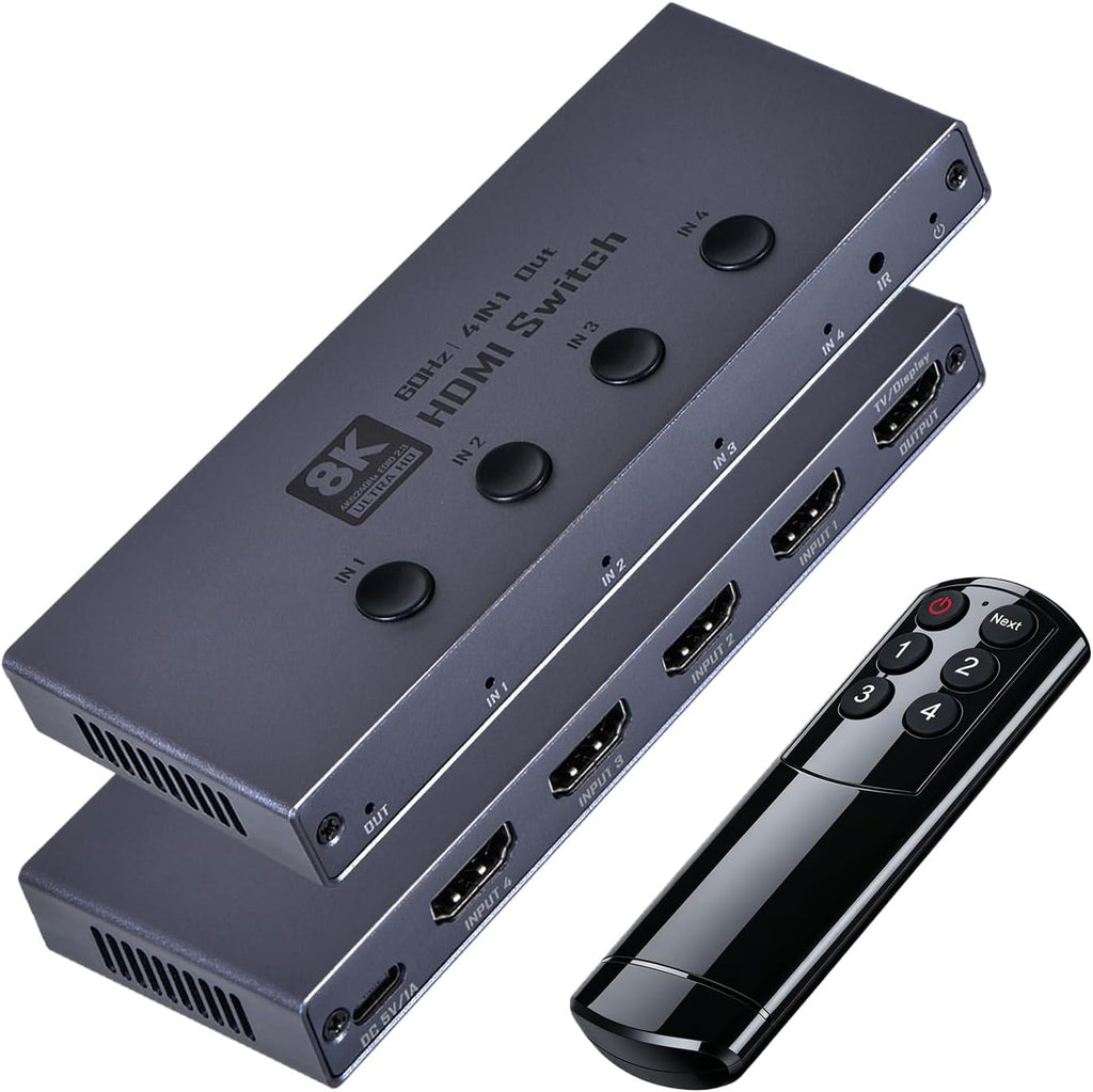 Interruptor HDMI 2.1, conmutador HDMI 8K 4 en 1 salida 8K @60Hz 4K @240Hz HDMI 2.1 selector de conmutador con soporte remoto CEC 3D HDR HDCP2.3 Dolby Vision/Atmos para PS5/4 Xbox Nintendo Switch Fire
