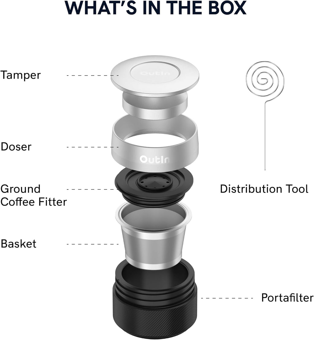 OutIn Fino - Molinillo de café eléctrico portátil con kit de accesorios Nano Espresso, color blanco arenisca