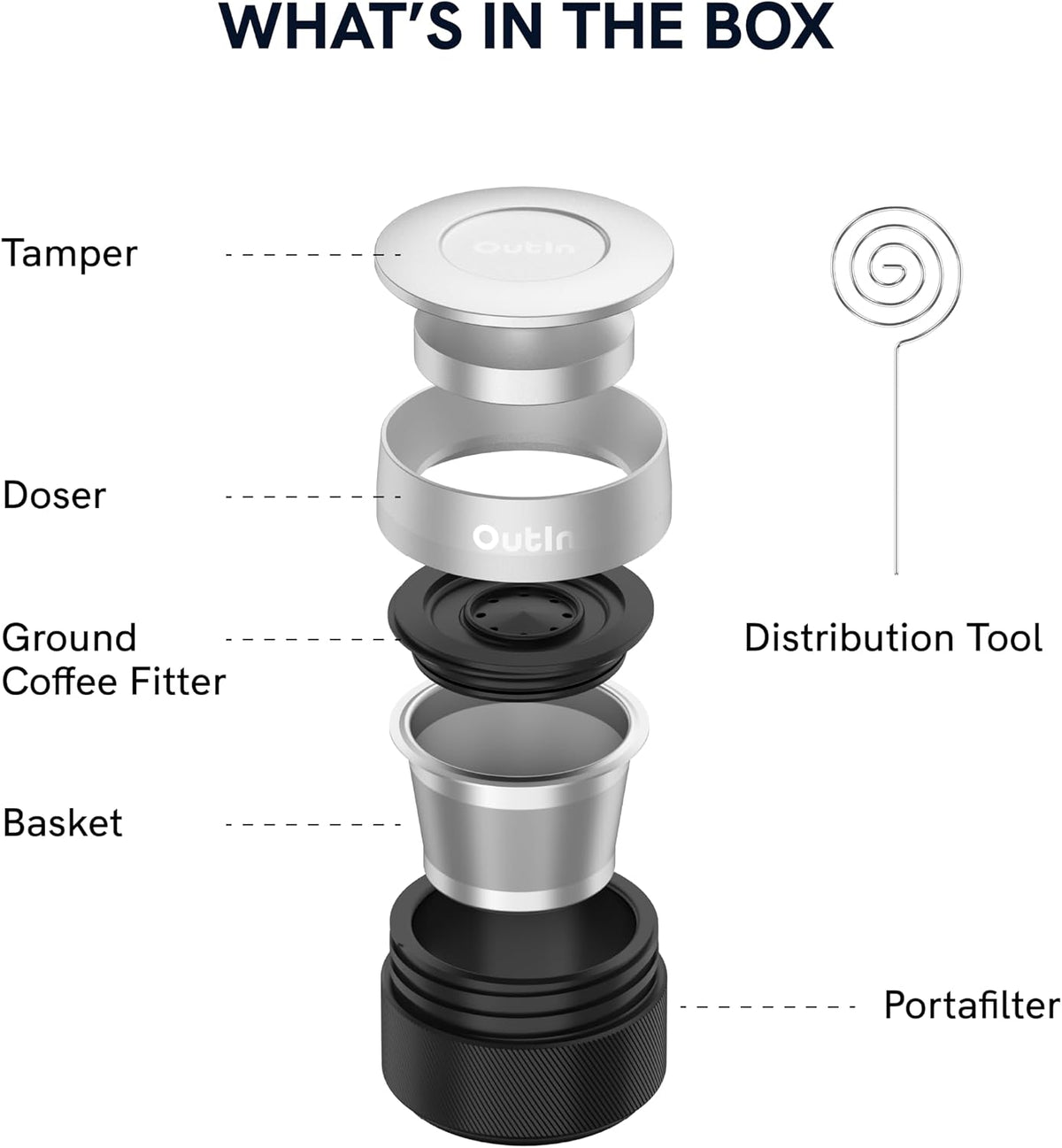 OutIn Fino - Molinillo de café eléctrico portátil con kit de accesorios Nano Espresso, color blanco arenisca