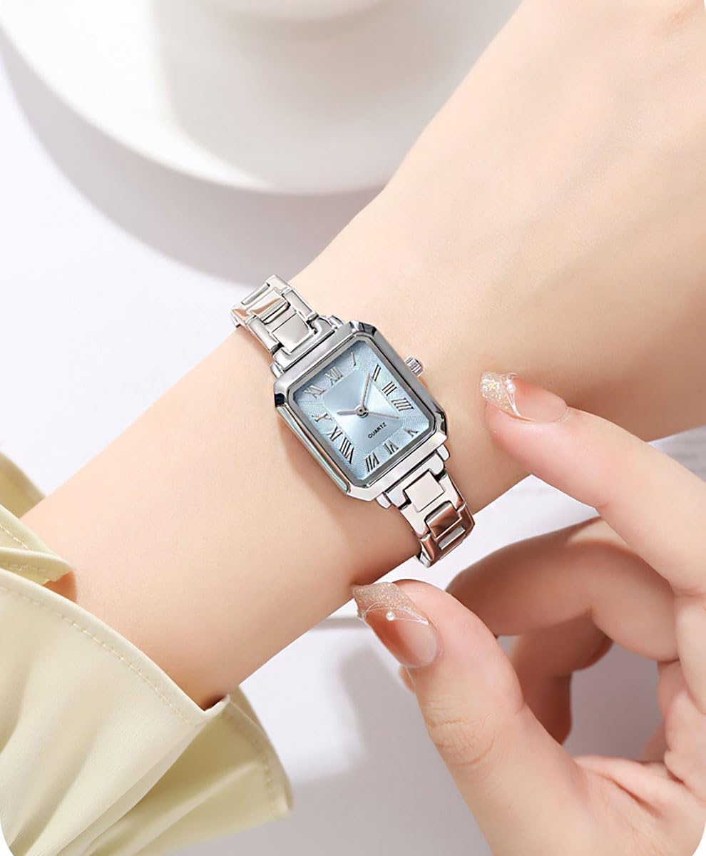 BESTKANG Reloj de pulsera pequeño rectangular para mujer, reloj de cuarzo clásico, esfera de números romanos 30M, impermeable, correa de acero inoxidable