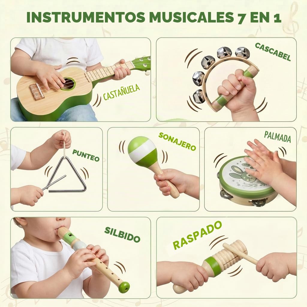 7 en 1 instrumentos musicales de madera para niños, juguetes