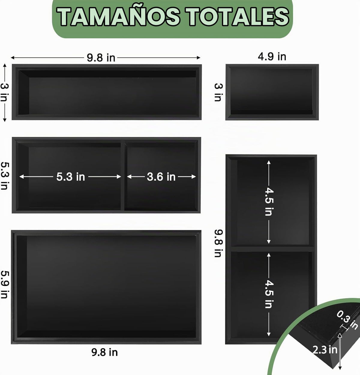 Organizador de cajones de bambú, 5 bandejas de cubiertos negros y organizadores de escritorio y almacenamiento, divisor de gabinete con organización de baño extraíble para cocina, utensilios, basura, oficina, maquillaje