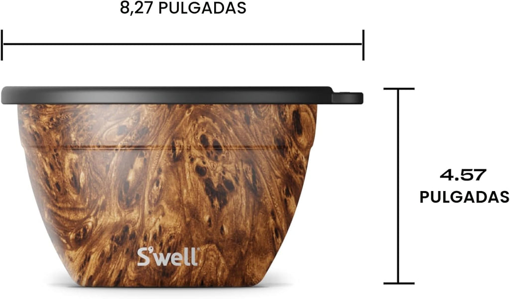 Kit de tazón para ensalada de acero inoxidable S’well de 64oz, acabado en madera de teca, incluye contenedor de condimentos de 2oz y bandeja extraíble, a prueba de fugas y fácil de limpiar, apto para