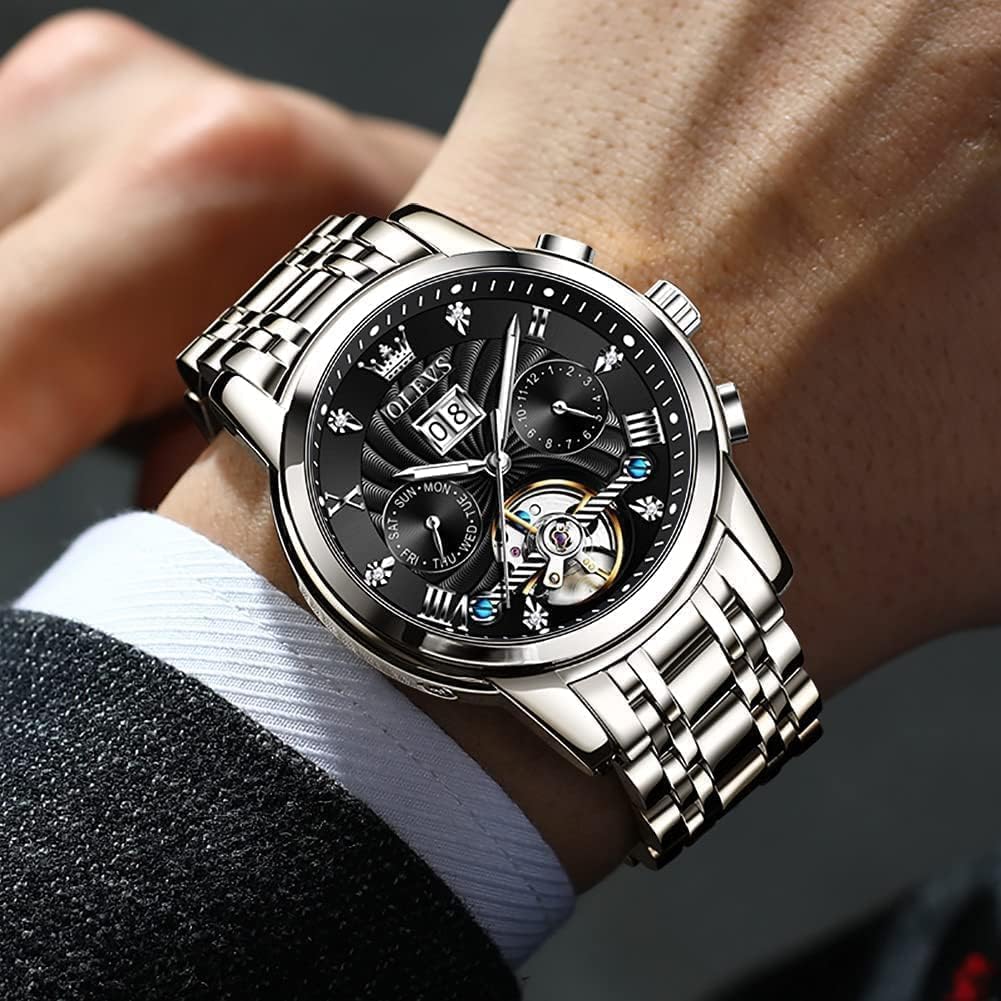 OLEVS - Reloj automático para hombre con diseño de esqueleto de 5 manecillas, clásico, de lujo, multicalendario, de acero inoxidable, impermeable, para hombre