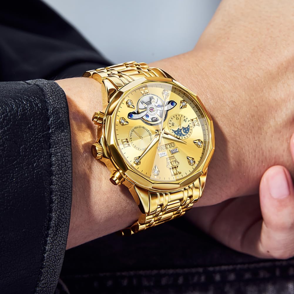 OLEVS Relojes de Hombre Esqueleto Automático Lujo de Negocios Diamante Autoentregado (Self Winding) Reloj de Pulsera de Acero Inoxidable con Calendario
