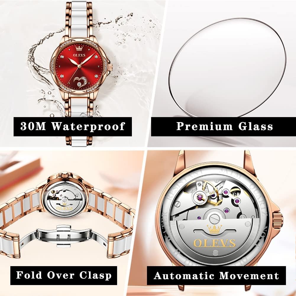 OLEVS Relojes automáticos para mujer con correa de cerámica de lujo