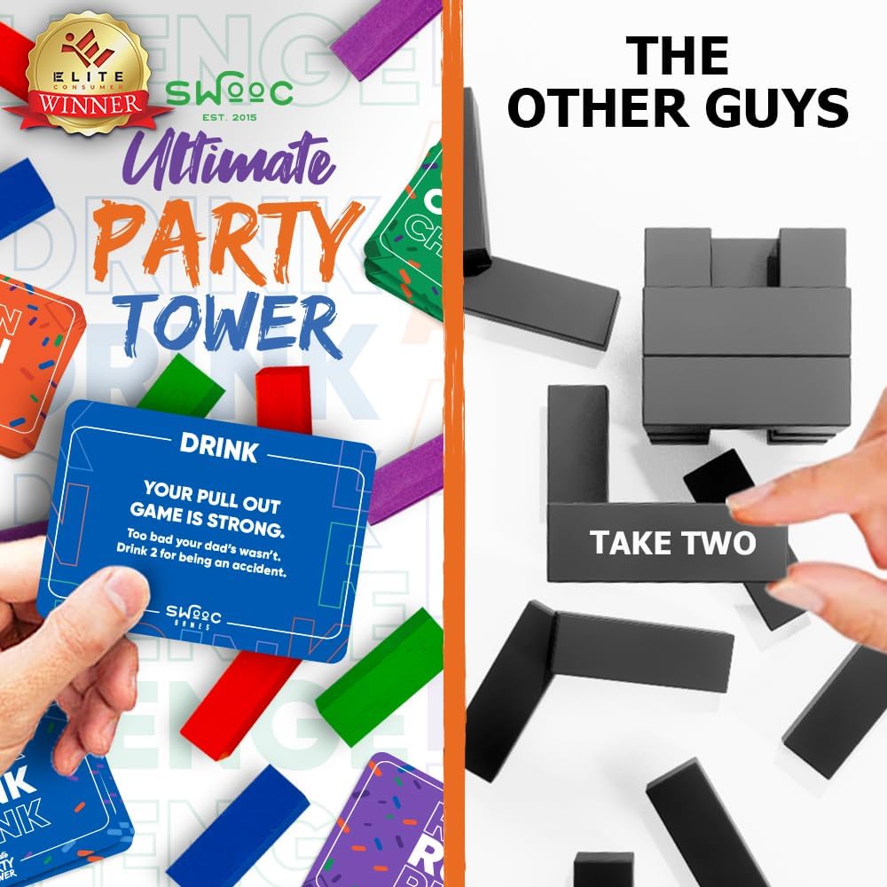 SWOOC Games - Ultimate Party Tower™ - 100 Comandos Originales, 60 Bloques, y Miles de Divertidas Combinaciones de Reglas - Una Vuelta Divertida a los Clásicos Juegos para Hora de Poder - Edades 21+