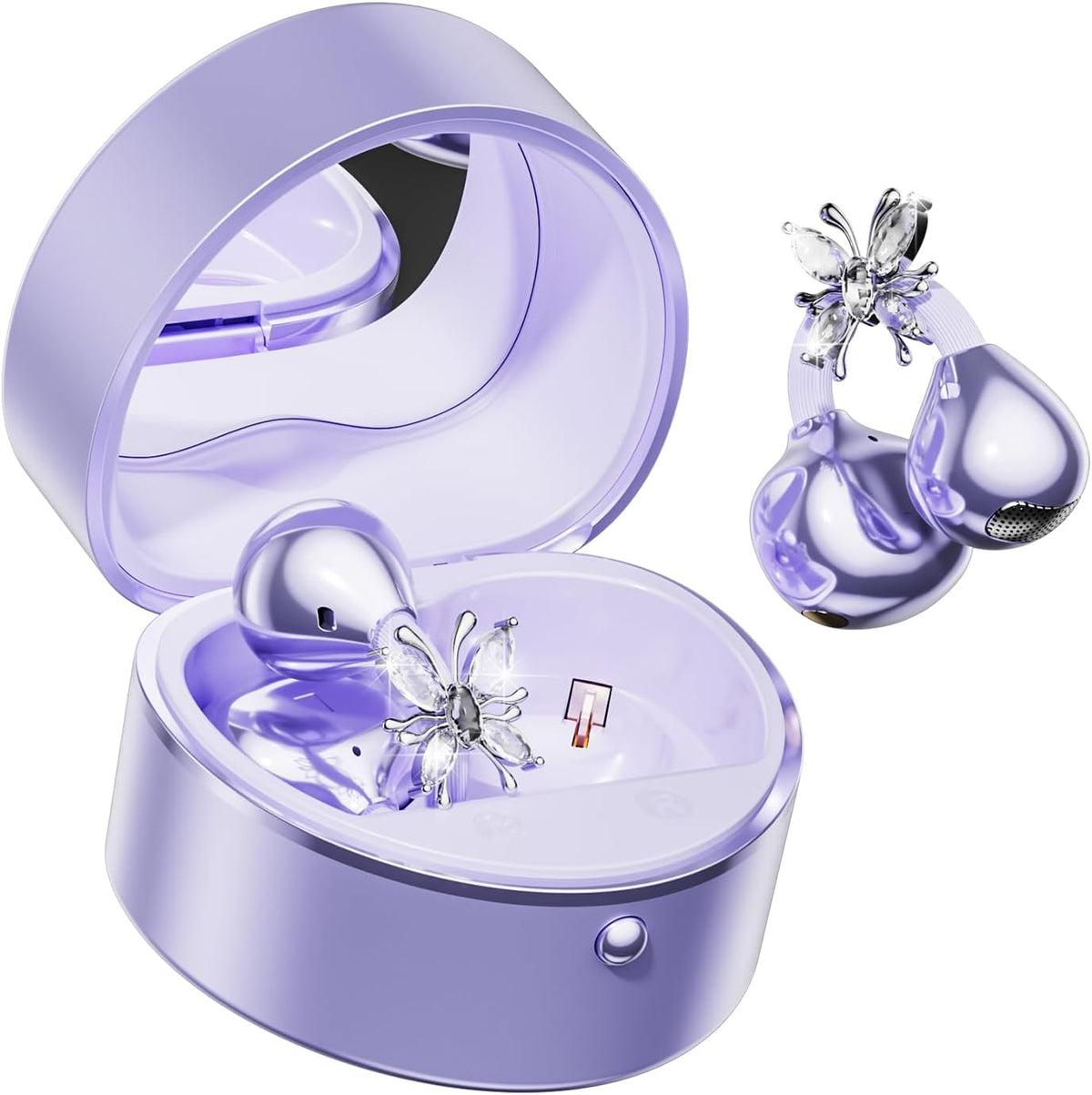 2026 Gran regalo con clip en auriculares con diseño de corazón y aretes de mariposa desmontables, auriculares inalámbricos Bluetooth 6.0 para mujer, IPX6 impermeable, tiempo de reproducción de